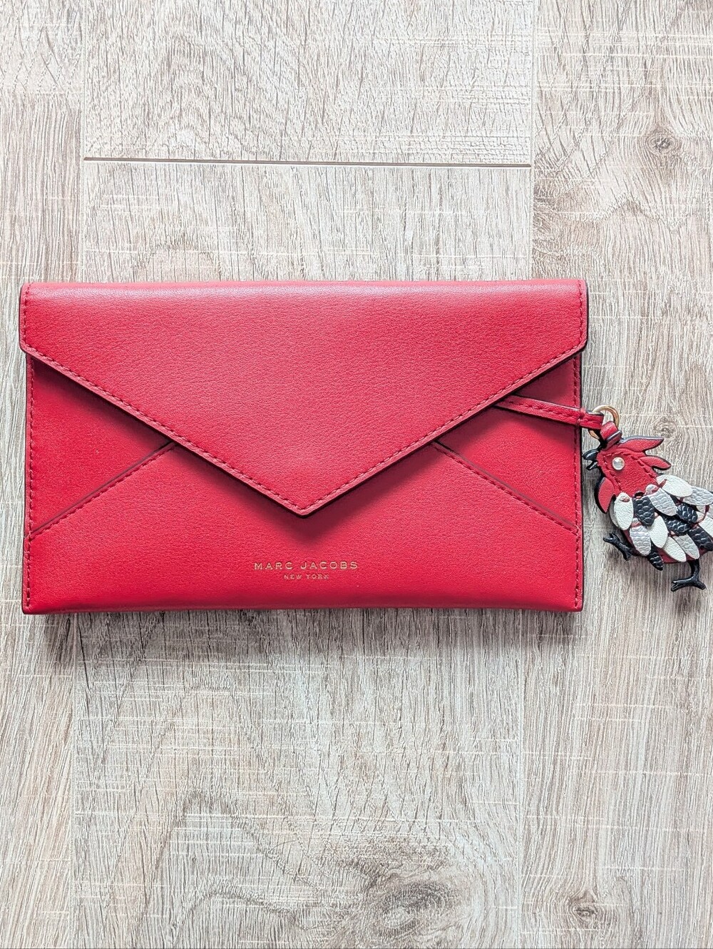 Marc Jacobs Envelope Leather Clutch Purse w/ Rooster Charm Red NWT